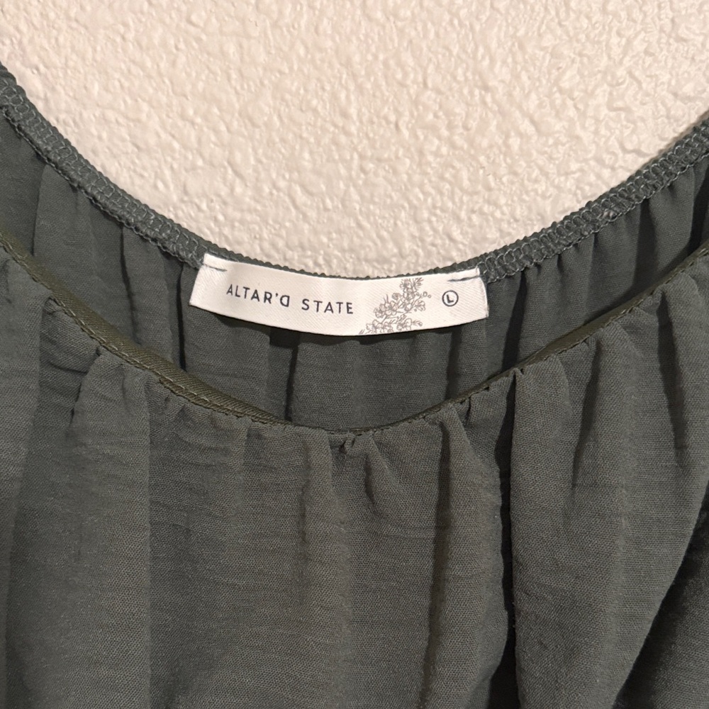 Large Altar'd State Olive Green Long Sleeve Flowy Dress with Back Tie - Picture 3 of 7